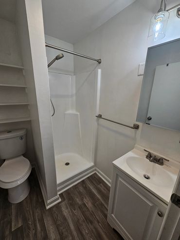 Small bathroom with corner shower and wood-style flooring.