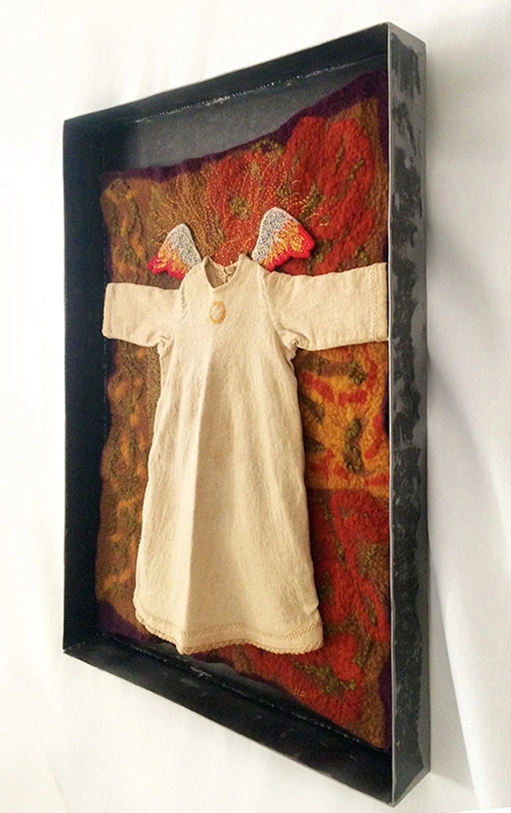 Secret Life of Things, 23.5" x 17.5" x 2"
Artist-made wool and silk felt, hand embroidery, doll dres