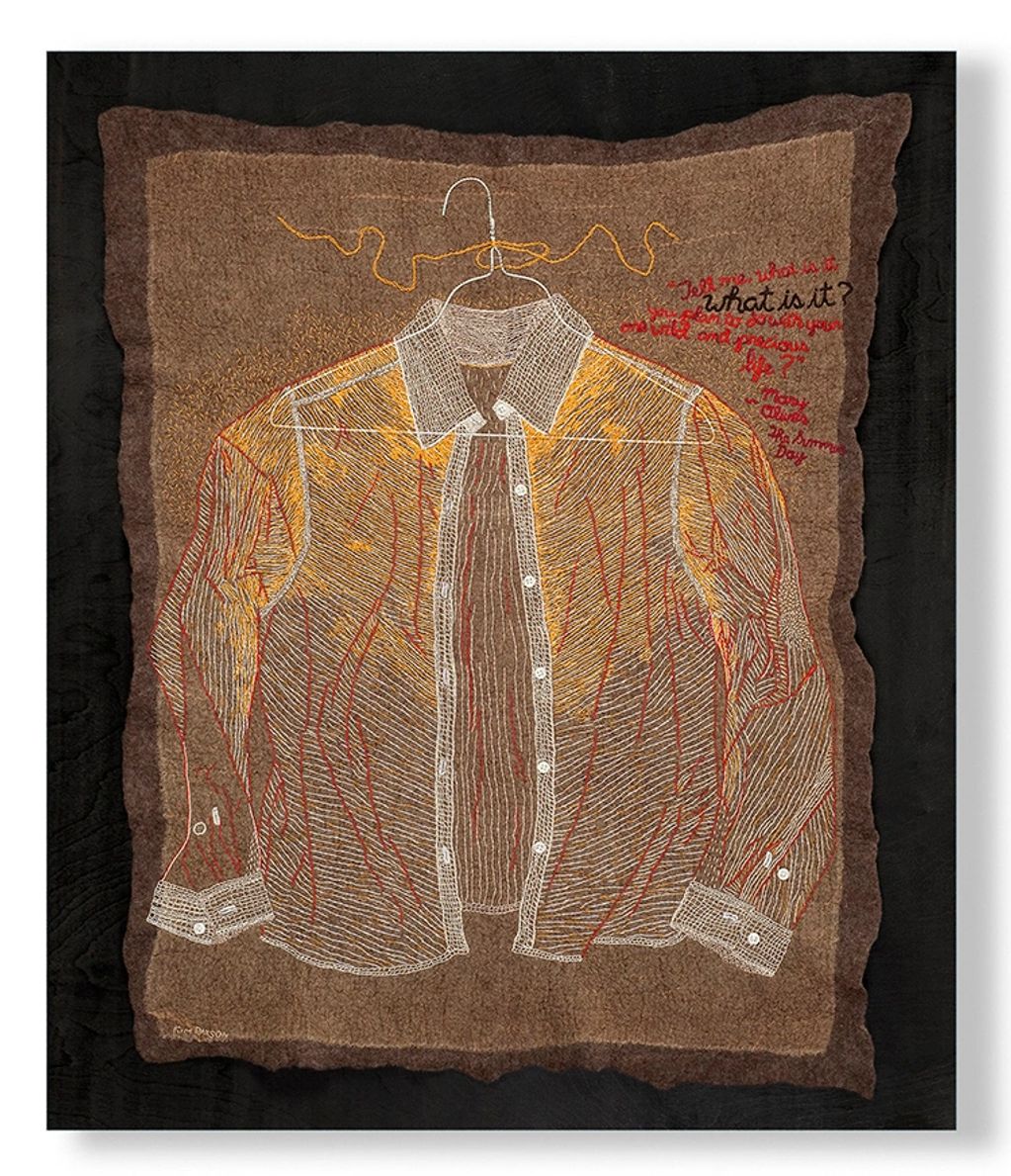 Artist-made wool and silk felt, hand embroidery,  buttons, coat hanger, wood