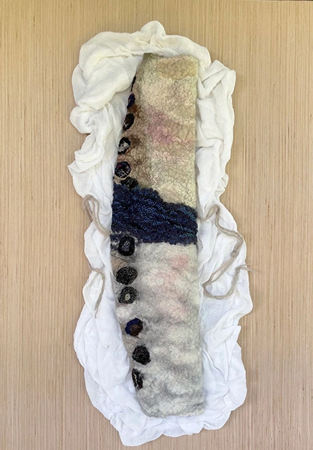 Ancestorial Memory
Kim Paxson
Unspun wool fibers massaged and rolled by hand to make wool felt, 
han