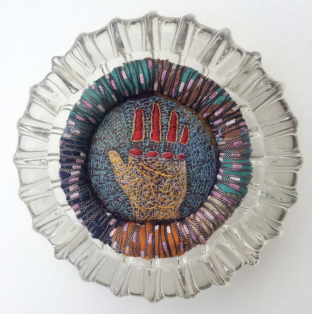 Artist-made wool felt, hand embroidery, novelty ribbon, vintage glass