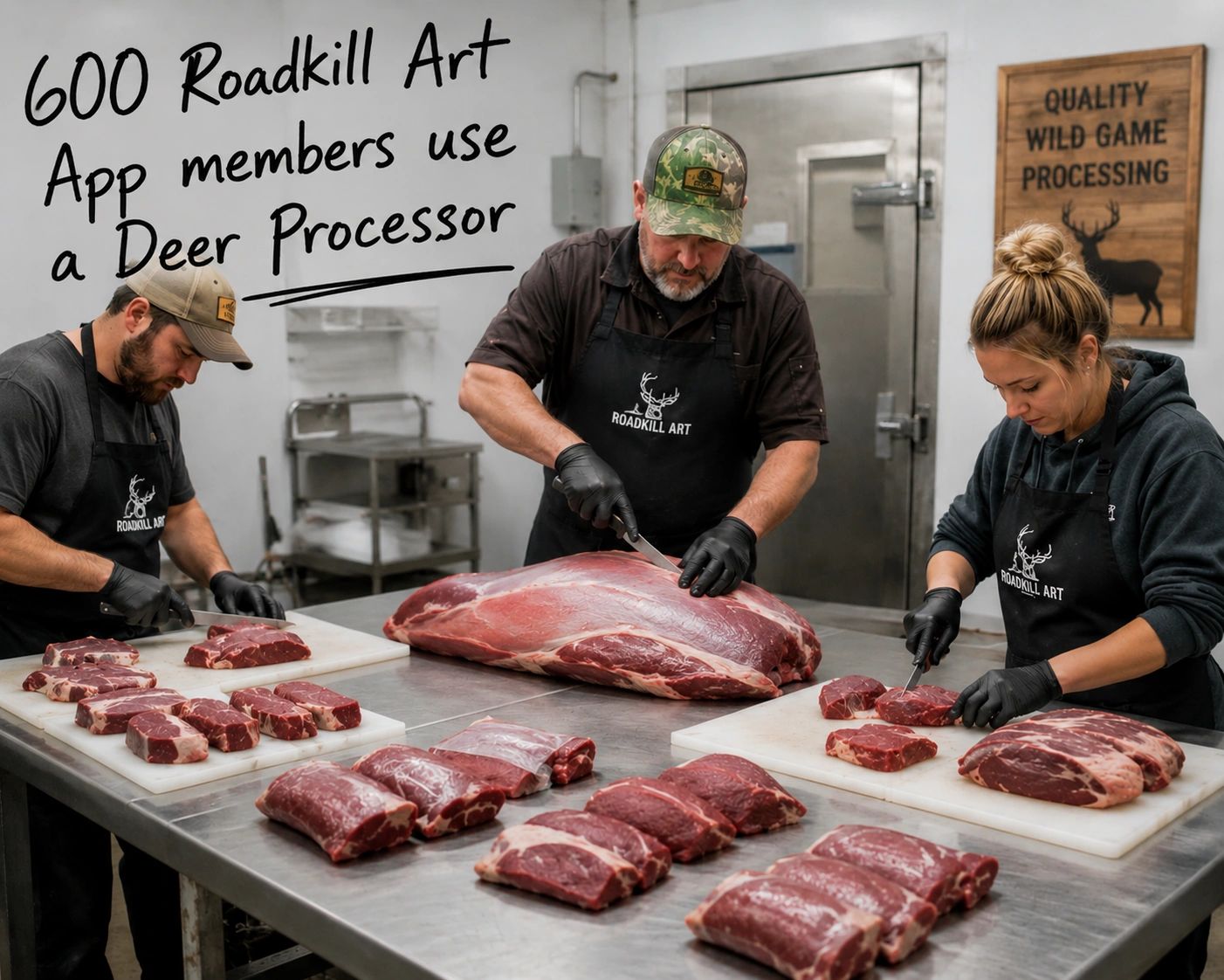Three people processing deer meat in a professional facility with Roadkill Art aprons.