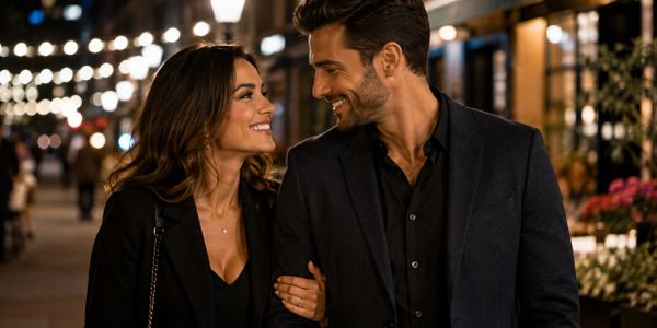 Couple smiling and walking arm in arm at night.