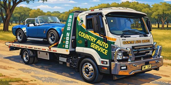 Tow truck carrying a blue vintage sports car.