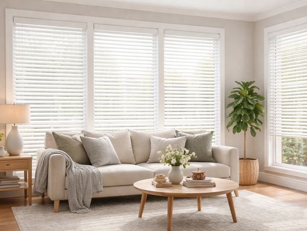 Cozy living room with beige sofa, wooden table, and large windows with blinds.