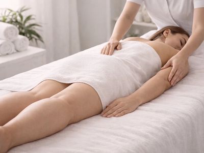 A woman receiving a relaxing massage on a spa table.