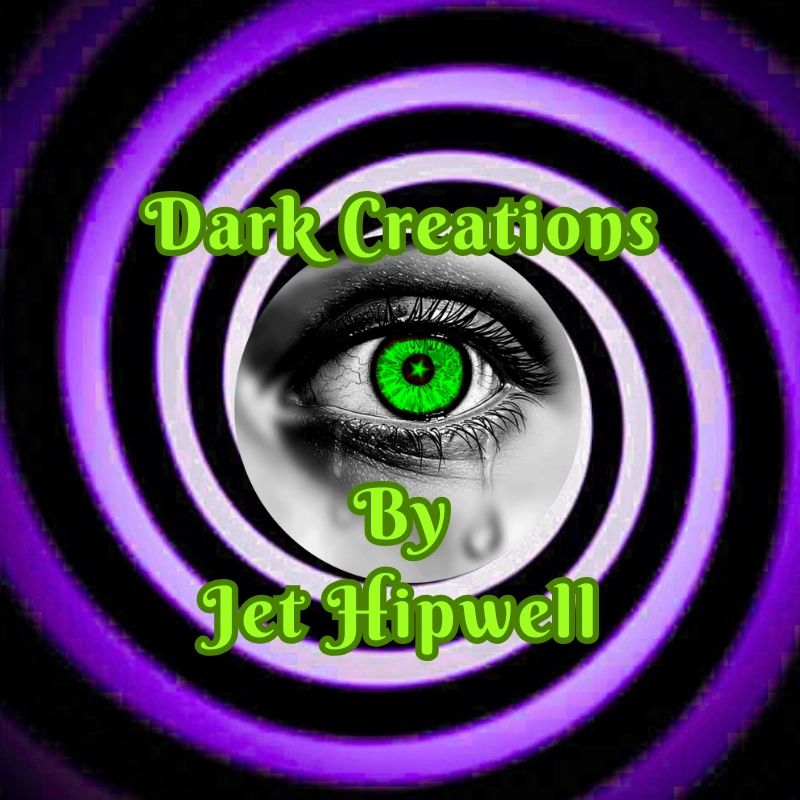 Eye with a green iris and concentric purple circles background titled 'Dark Creations by Jet Hipwell'.