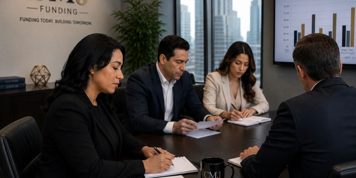 Four professionals in a business meeting taking notes.