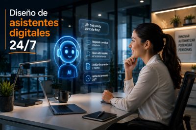 Mujer interactuando con asistente digital AI en oficina moderna.
