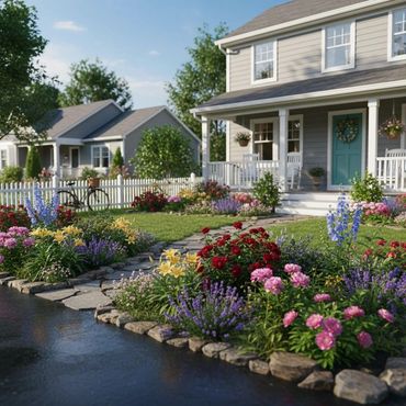 A charming house with a colorful flower garden and a stone pathway.