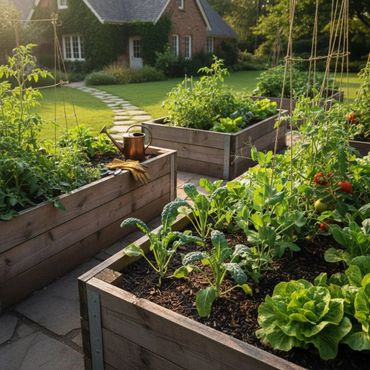 Sunlit raised garden beds with thriving vegetables in a backyard.