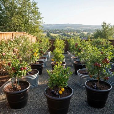 Potted fruit trees in a sunny garden with scenic hills in the background.