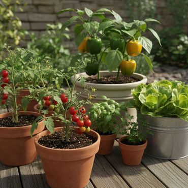 Potted vegetables and herbs growing on a wooden deck with ripe tomatoes and bell peppers.