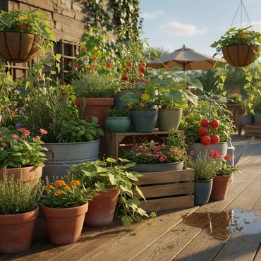 A vibrant garden with potted plants and ripe tomatoes on a sunny wooden deck.