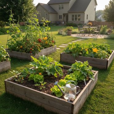 Raised garden beds with vegetables and flowers in a sunny backyard.