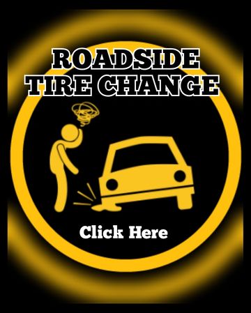 Yellow Flat Tire Change Service logo. Gulf Coast Roadside Assistance, My Roadside Angel. Tire Change
