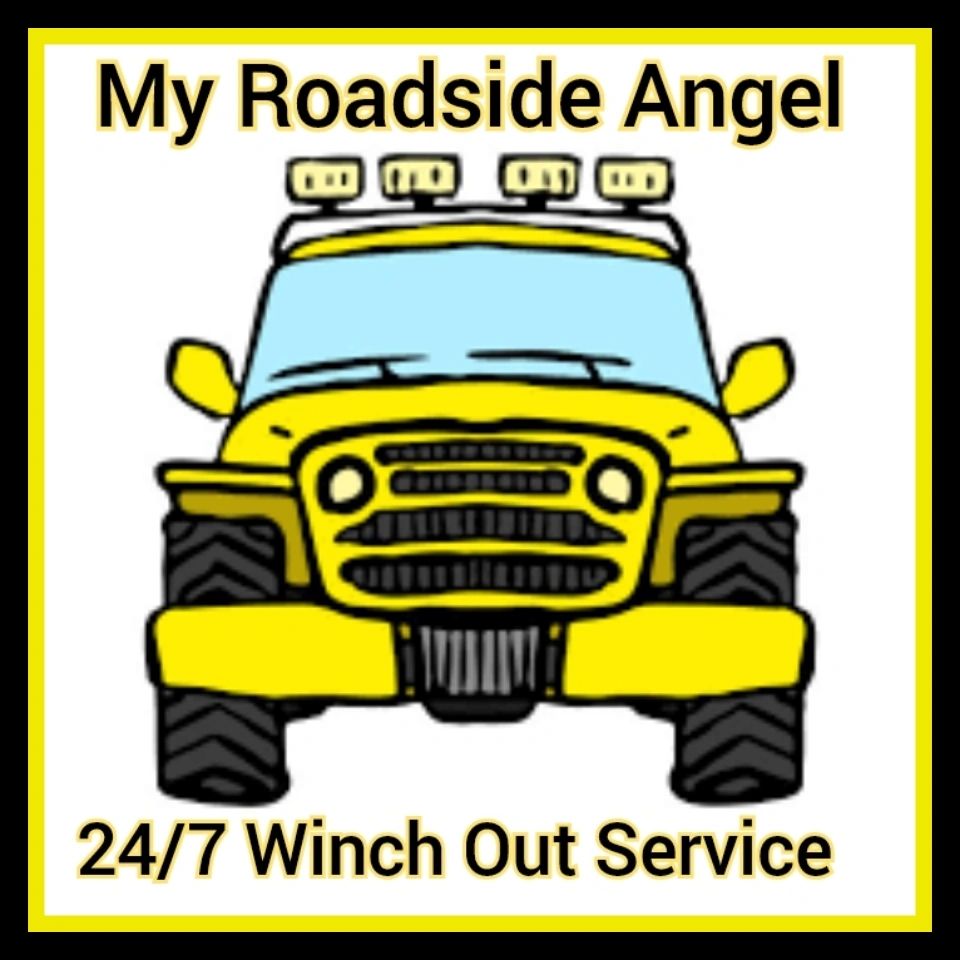 Yellow Jeep Cartoon logo. Winch Out Service. Gulf Coast Roadside Assistance. My Roadside Angel. 