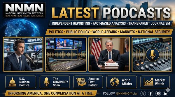 NNMN "Latest Podcasts" banner highlighting politics, public policy, world affairs, national security