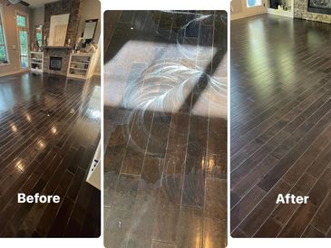 before, during and after picture of removing polish from a hardwood floor.