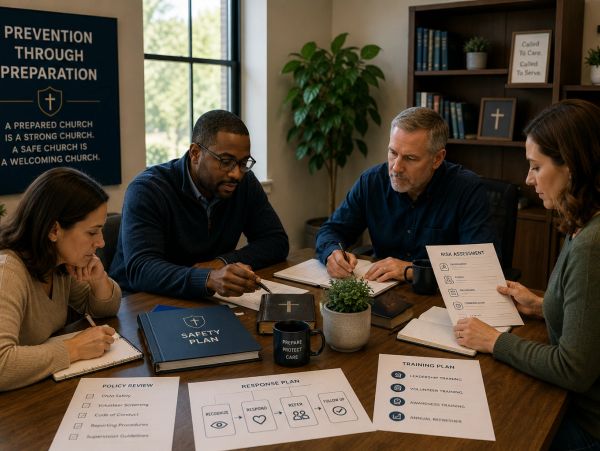 Four people discuss church safety and emergency plans around a table.