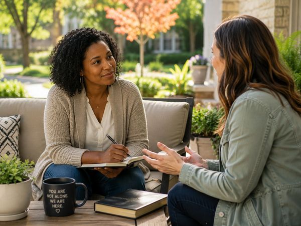 Two women engaged in a supportive outdoor conversation on a porch.