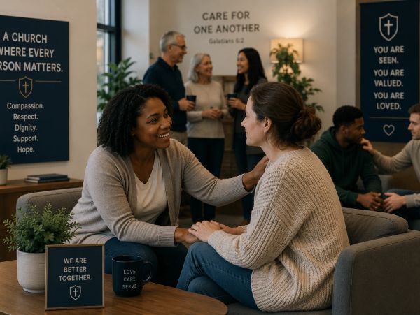 Two women share a compassionate moment in a supportive church community setting.