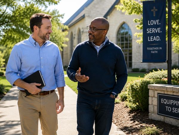 Two men walking and talking outside a church on a sunny day.