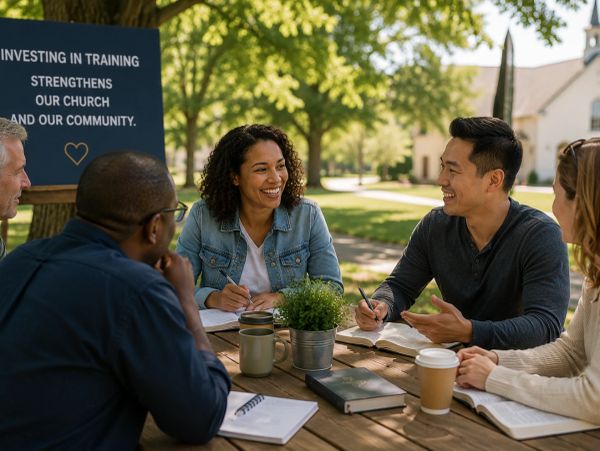 A diverse group enjoying a lively discussion outdoors at a church picnic table.