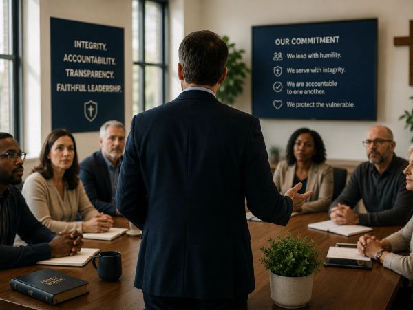 Business leader addressing a diverse team in a meeting room with commitment posters.
