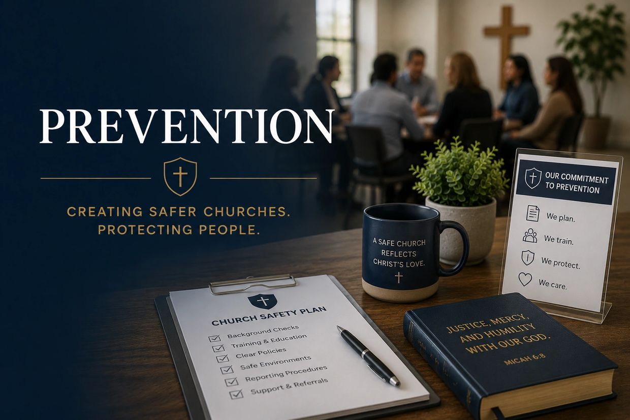 Church safety plan materials promoting prevention and protection in a meeting setting.