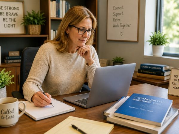 Woman working thoughtfully at her desk with laptop and notebook.