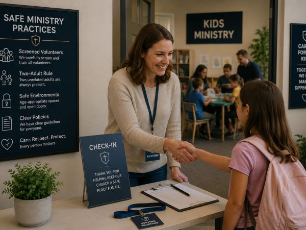 Volunteer warmly greets a child at church kids ministry check-in desk.