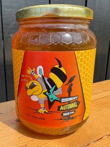 Jar of autumnal honey with a colorful bee label playing guitar.
