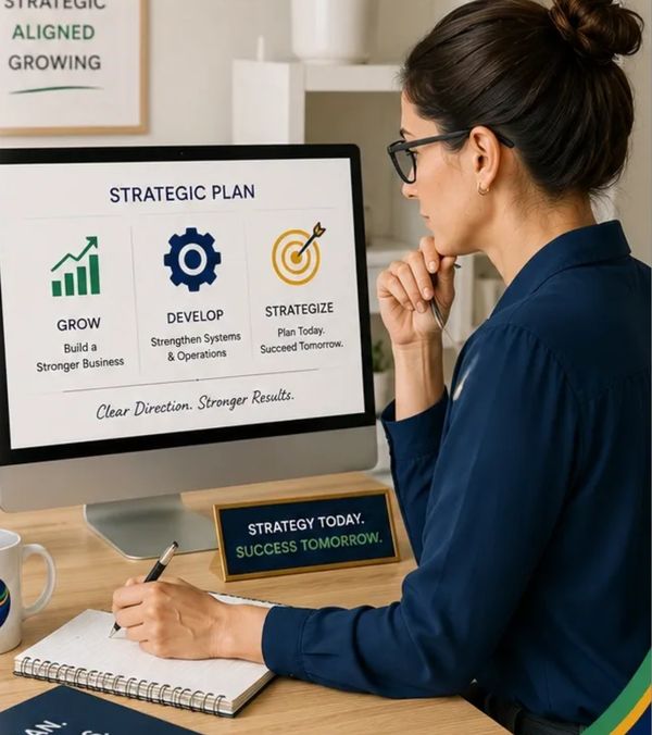 A woman strategizes business growth and development at her desk.