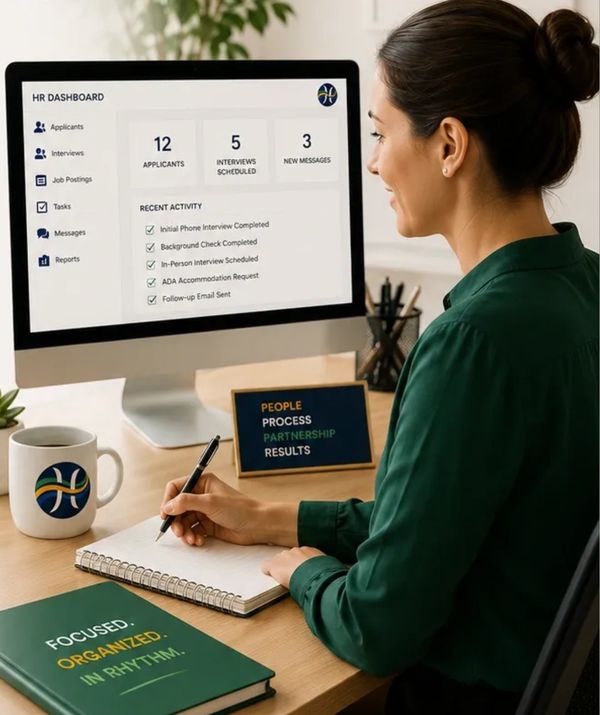 Woman working at HR dashboard with organized workspace and motivational quotes.