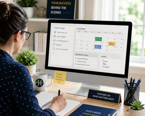 Woman working at a desk with a productivity planner on a computer screen.