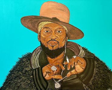 Painting of a man in a large hat and fur coat against a turquoise background.