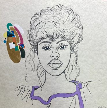 Sketch of a woman with curly hair and purple details on her dress.