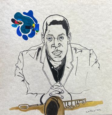Black and white drawing of a man with a saxophone and colorful abstract shapes.