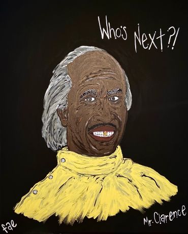 Portrait of Mr. Clarence in a yellow jacket with the phrase "Who's Next?!"
