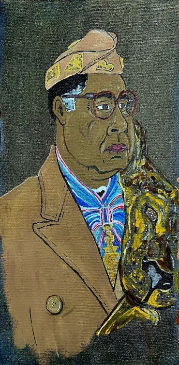Painting of a man in glasses and a tan coat holding a golden saxophone.