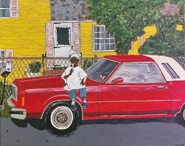 Painting of a boy in a chef outfit sitting on a red car in front of a yellow house.