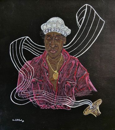 Portrait of a musician in a red jacket and white hat with 'PEPE' text, surrounded by swirling musical notes.