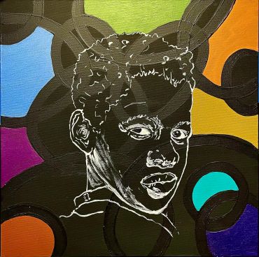 Abstract portrait of a person with colorful circles in the background.