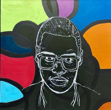 Colorful graffiti portrait with abstract shapes and bold outlines.