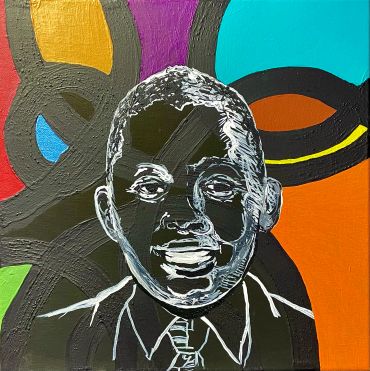 Colorful abstract portrait with bold black and white lines.