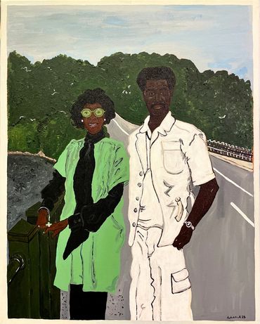 Painting of a couple standing on a road with greenery in the background.