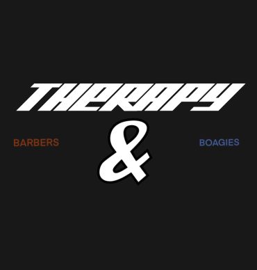 Bold white text 'THERAPY' on black background with words 'BARBERS' and 'BOAGIES'.