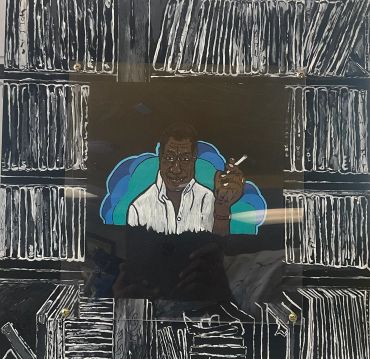Painting of a man smoking in front of bookshelves filled with records.