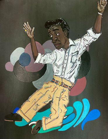 Illustration of a man dancing with colorful abstract shapes in the background.